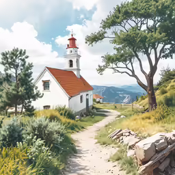 a painting of a church is next to trees and bushes