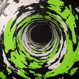 a circular abstract artwork with some black and green