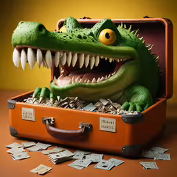 a crocodile toy is opened to make money,a toy in an open suitcase that looks like a crocodile