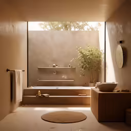 a bathroom scene with a large tub and sink