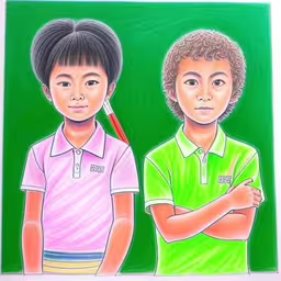 a drawing of two boys standing side by side