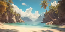 the painting shows a rocky beach and several tropical trees, on which sits water that has a calm blue body of water with rocks below, under, and an island and white