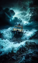 the large boat is going through the stormy sea