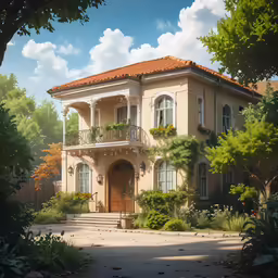 a big house is sitting in the shade
