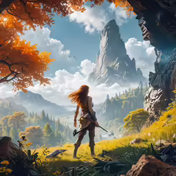 a woman standing in a field holding a sword