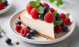 a cheesecake covered with berries is served on a white plate