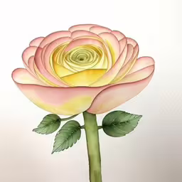 a pink rose with a green stem and some leaves,a close up of a pink rose on a white background