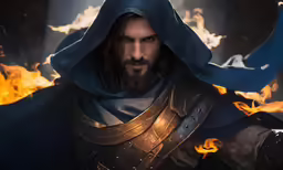 a man in armor stands with fire on his back
