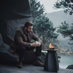a man sitting on the rocks and looking at his cellphone