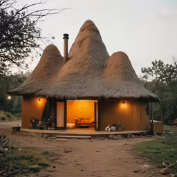 an outside house with a thatch roof and door