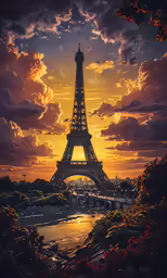 the eiffel tower is shown in the middle of the sunset