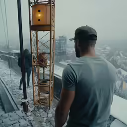 a man on top of a building looking over the city