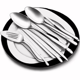 a white and black plate with silverware on it