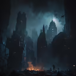 dark city by night with a flying bird