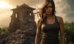 woman in tank top in front of ruins during sunset