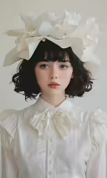 a young lady wearing a white shirt with flower in her hair