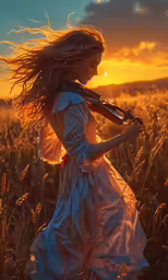 a woman is standing in a field holding her hair in the wind