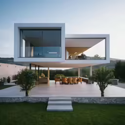 a white house with large open patio and trees in front of it