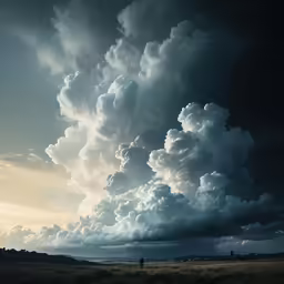 an artistic shot of a person standing alone in a field under dark stormy clouds