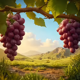 a painting of grapes hanging in the air