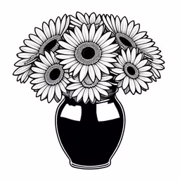 a vase full of flowers sitting in front of a white background,a black and white drawing of five sunflowers in a vase