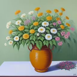 a painting with yellow and white flowers in a clay pot,flowers are in a pot on a table