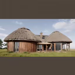 a couple of wooden houses sitting in a grass covered field