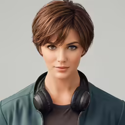 a woman with headphones in a green jacket