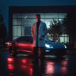 a man standing next to a silver car at night