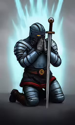 the knight in the gray armor holds up his sword