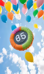 an orange, green and yellow number balloon is in the air