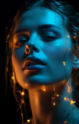 a model wearing a blue light under her eyes