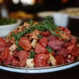 a close up of a plate of food with meat and vegetables on it
