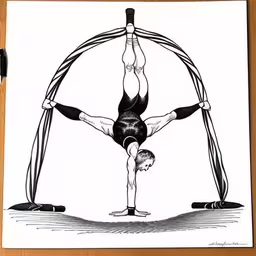 an artistic drawing shows a man on the ground doing a trick,woman doing acrobatic yoga with hoop, acrobatics, pole