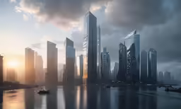 a boat sails near a big city that is reflected in the water