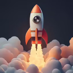 an orange and white rocket is flying above clouds