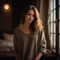 a beautiful young woman posing by an open window