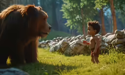 an animated monkey is standing in front of a child