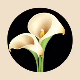 three white flowers with green stems inside a black circle