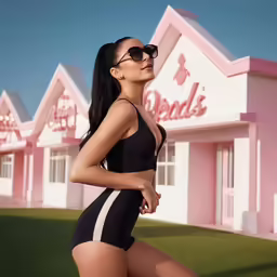 woman posing in black swimsuit next to a pink building