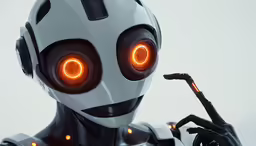 a robot looking at his electronic device with glowing eyes