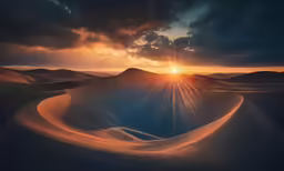 a sun setting in the distance with desert sand blowing down