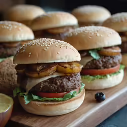 hamburger sandwiches are on wooden tray next to olives