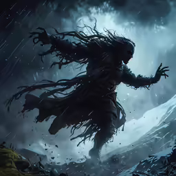 a person with long hair and a hood holding a knife