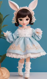 an adorable doll in a dress with bunny ears and a bow
