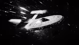 a space craft is flying through the air at night