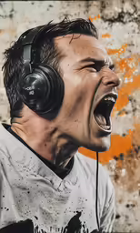 the man is wearing headphones and screaming with his mouth open