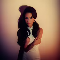 a woman with dark hair wearing white shirt posing for a picture