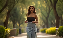 a woman with a skirt running down a tree - lined street
