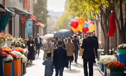 a crowd of people walk down a busy city street